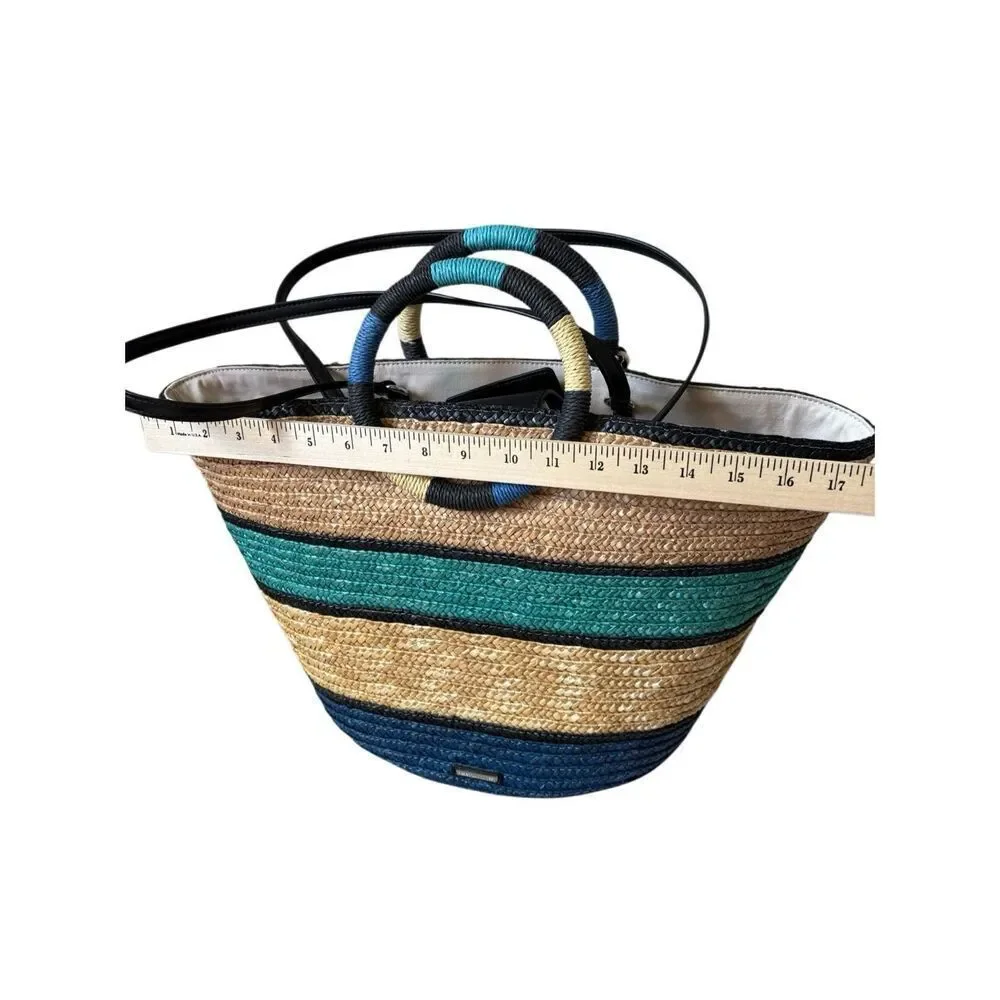 Rebecca Minkoff Woven Straw Tote Shoulder Bag Tan‎ Blue Teal